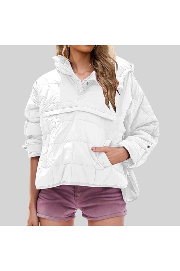 Womens Quilted Pullover Puffer Jacket Oversized Long Sleeve Hooded Coats Winter Warm Lightweight Outwear with Pockets