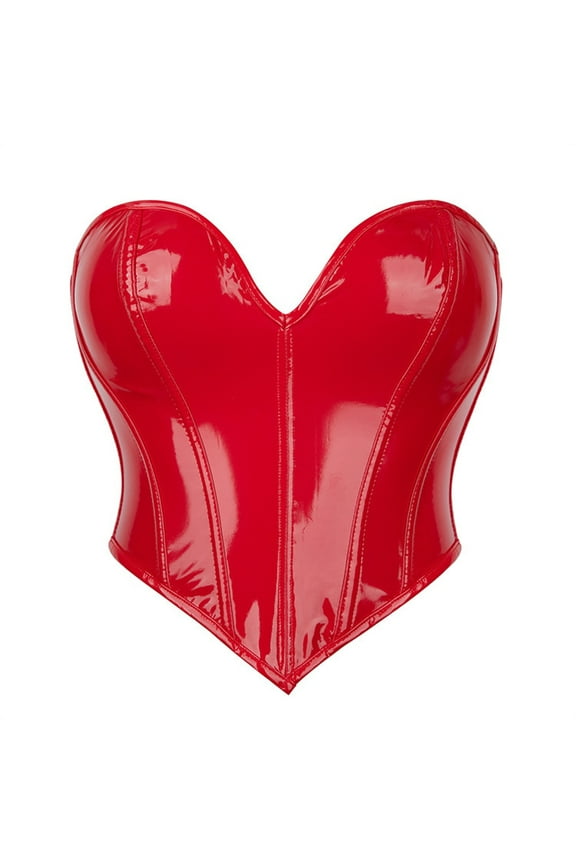 Luxalzxs Womens Red PU Leather Overbust Corset Bandana Tube Tops Lace up Strapless Boned Body Shaper Bustier Crop Top