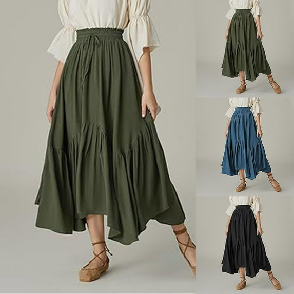 Luxalzxs Womens Renaissance Skirt Drawstring High Waist Flowy Bohemian Skirts Vintage Asymmetrical Hem Ruffle Maxi Skirts
