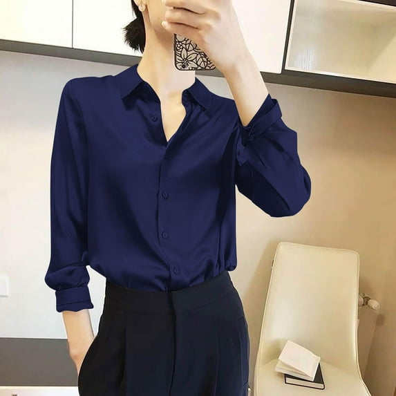 Luxalzxs Womens Satin Blouses Long Sleeve Silk Button Down Shirts Classic Collared Dressy Casual Business Formal Work Tunic Tops