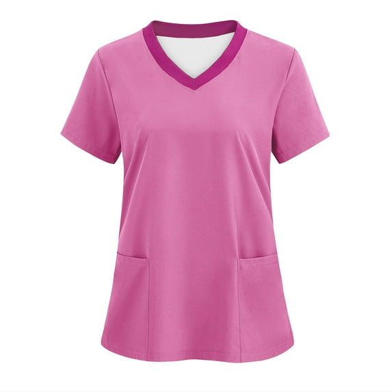 Luxalzxs Womens Scrub Tops Fashion Color Blocking Medical Work Uniform T-Shirt V-Neck Short Sleeve Nurse Tops Tunic Blouse with Pockets