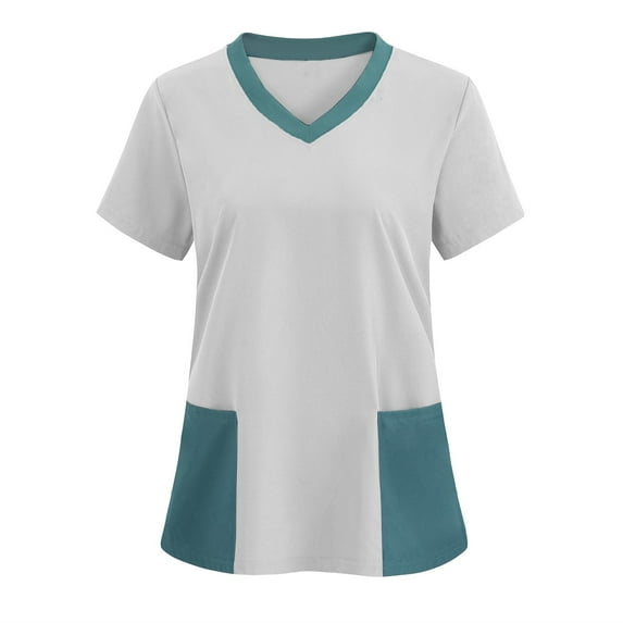 Luxalzxs Womens Scrub Tops Fashion Color Blocking Medical Work Uniform T-Shirt V-Neck Short Sleeve Nurse Tops Tunic Blouse with Pockets