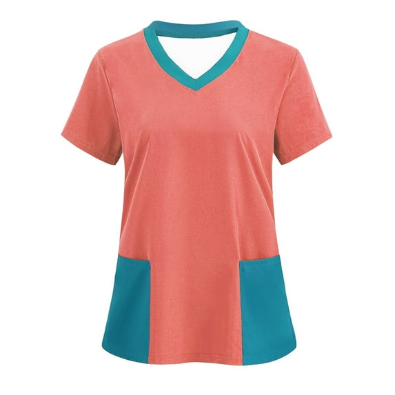 Luxalzxs Womens Scrub Tops Fashion Color Blocking Medical Work Uniform T-Shirt V-Neck Short Sleeve Nurse Tops Tunic Blouse with Pockets