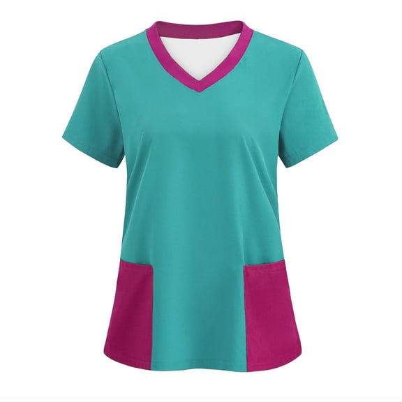 Luxalzxs Womens Scrub Tops Fashion Color Blocking Medical Work Uniform T-Shirt V-Neck Short Sleeve Nurse Tops Tunic Blouse with Pockets
