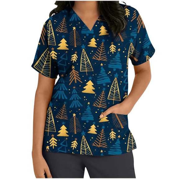 Luxalzxs Womens Scrub Tops Plus Size Christmas Print Holiday Blouses for Women Short Sleeve V-Neck Medical Scrub Shirts with Pockets