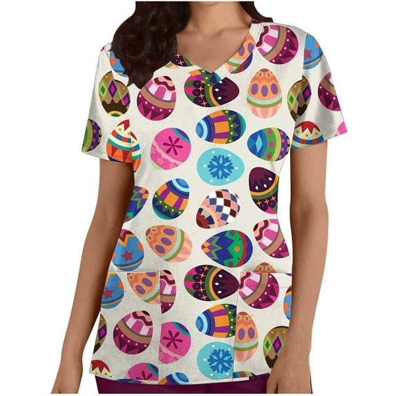 Luxalzxs Womens Scrub Tops Short Sleeve V-Neck Medical Uniform Easter Eggs Printed Pockets Blouse Nursing Uniforms Workwear