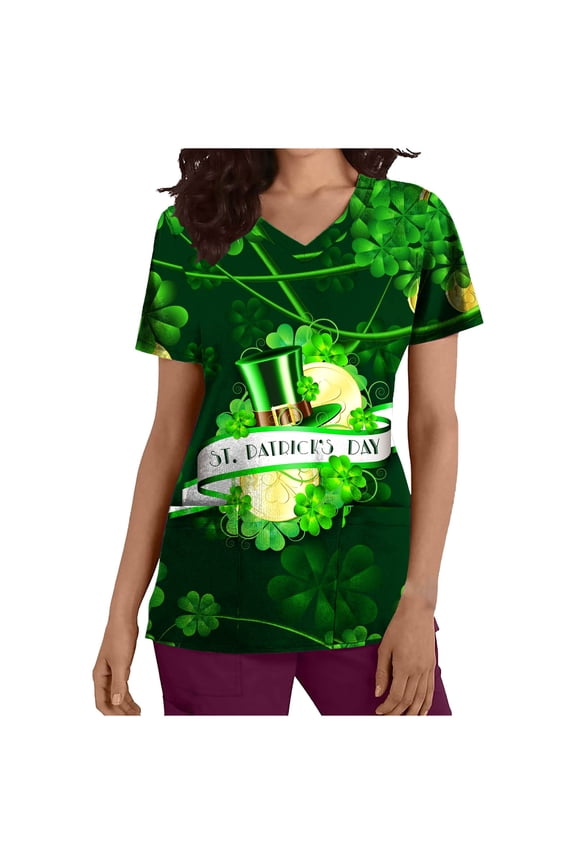 Womens Scrub_Tops St. Patrick's Day Print Short Sleeve V-Neck Nursing Uniform Medical Scrubs Workwear