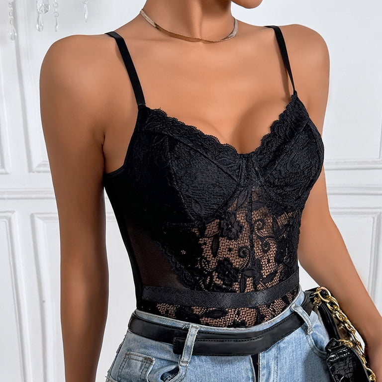 Luxalzxs Womens Sexy Floral Lace Sheer Mesh Corset Bodysuit One
