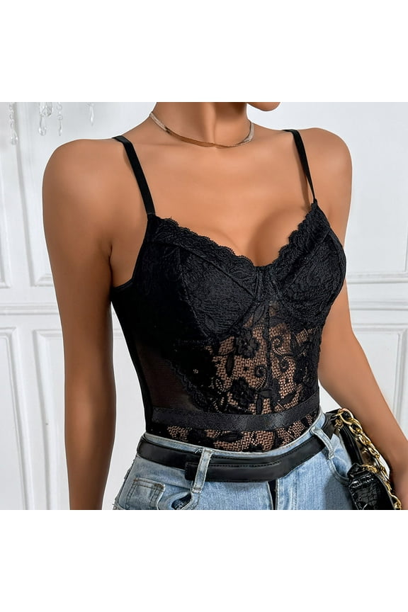 Luxalzxs Womens Sexy Floral Lace Sheer Mesh Corset Bodysuit One Piece Spaghetti Strap Cami Leotard Top