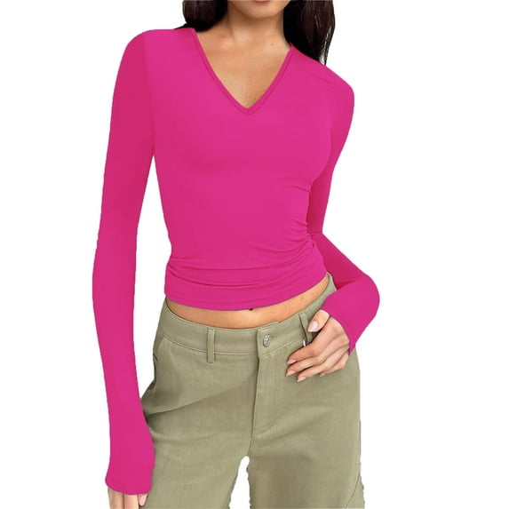 Luxalzxs Womens Sexy Long Sleeve Going Out Fitted Crop Tops Y2k V-Neck Casual Basic Tight Tees Shirt