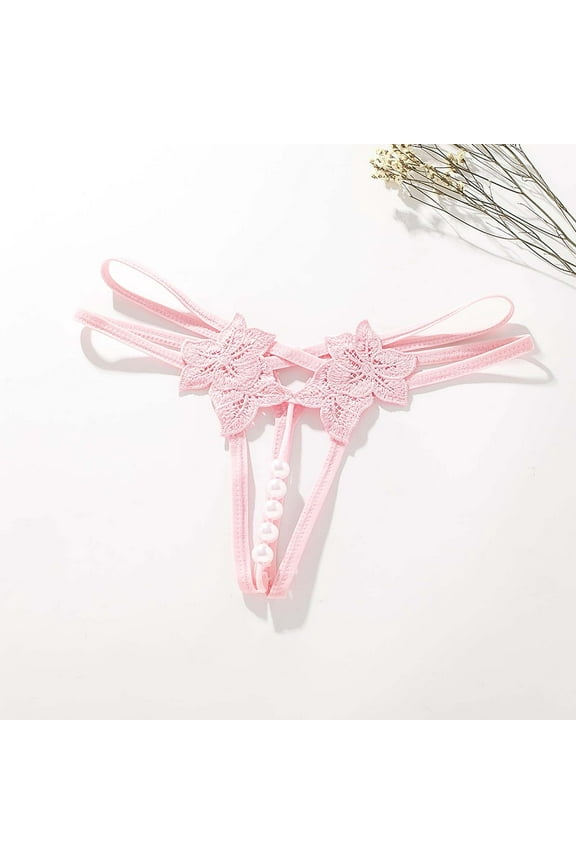 Luxalzxs Womens Sexy Pearl G String Tongs Low Waist Hollow Out Y-Back Flowers Embellished Underwear Valentine Underpants Open Cut Panties Lingerie