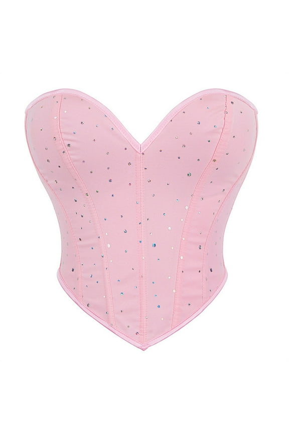 Luxalzxs Womens Sexy Strapless Bustier Crop Tops Back Lace-Up Sequins Boned Going Out Party Y2K Pink Corset Top