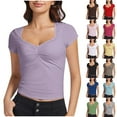 thumbnail image 1 of Luxalzxs Womens Sexy Twist Front V Neck T Shirts Double Lined Sweetheart Neck Short Sleeve Slim Fit Crop Top Trendy Y2K Going Out Tops Tee Basic Tight Shirts Workout Tops, 1 of 3