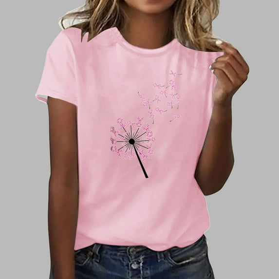 Luxalzxs Womens Short Sleeve T Shirts Casual Loose Pink Ribbon Graphic Print Round Neck Shirt Tops Fashion Breast Cancer Awareness Inspirational Tops