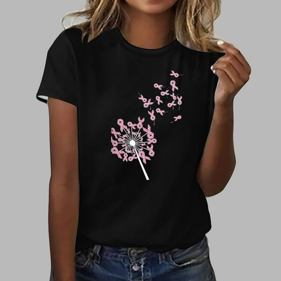 Luxalzxs Womens Short Sleeve T Shirts Casual Loose Pink Ribbon Graphic Print Round Neck Shirt Tops Fashion Breast Cancer Awareness Inspirational Tops