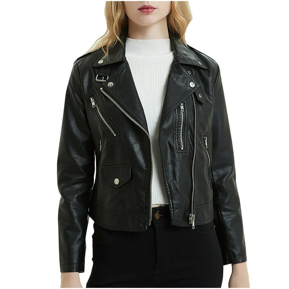 Luxalzxs Womens Slim Fit Faux Leather Jacket Spring Autumn Lapel Collar Long Sleeve Motorcycle Biker Zipper Short Coat