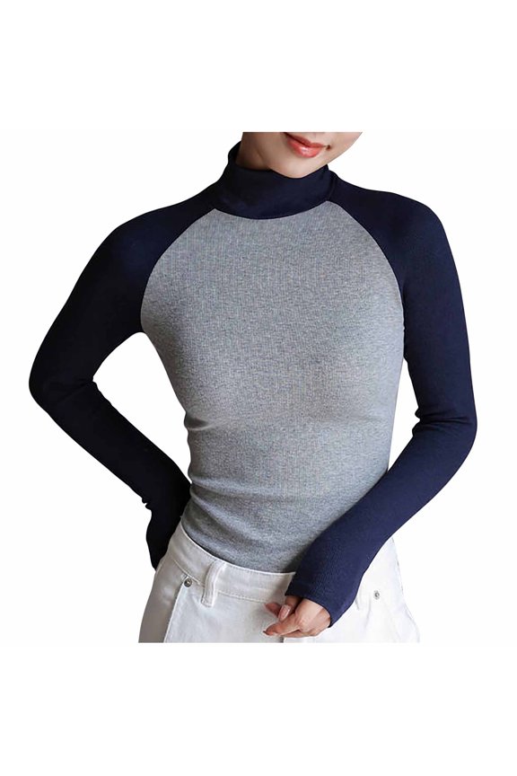 Luxalzxs Womens Slim Fit Mock Turtleneck Tops Long Sleeve Lightweight Base Layer Shirts Color Blocking Raglan Sleeve Basic Undershirt