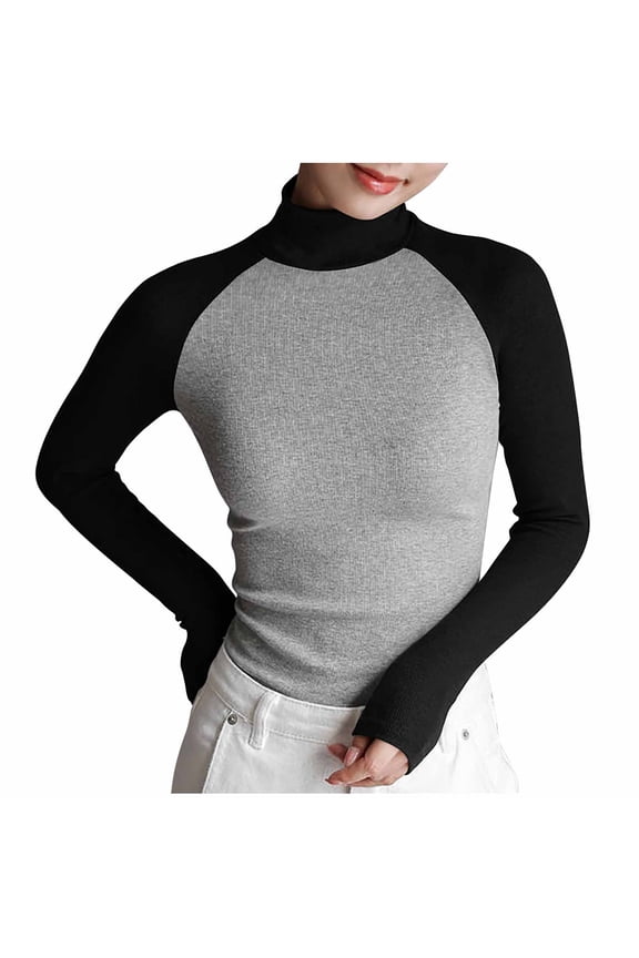 Luxalzxs Womens Slim Fit Mock Turtleneck Tops Long Sleeve Lightweight Base Layer Shirts Color Blocking Raglan Sleeve Basic Undershirt