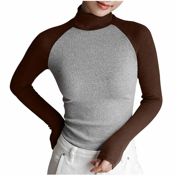 Luxalzxs Womens Slim Fit Mock Turtleneck Tops Long Sleeve Lightweight Base Layer Shirts Color Blocking Raglan Sleeve Basic Undershirt