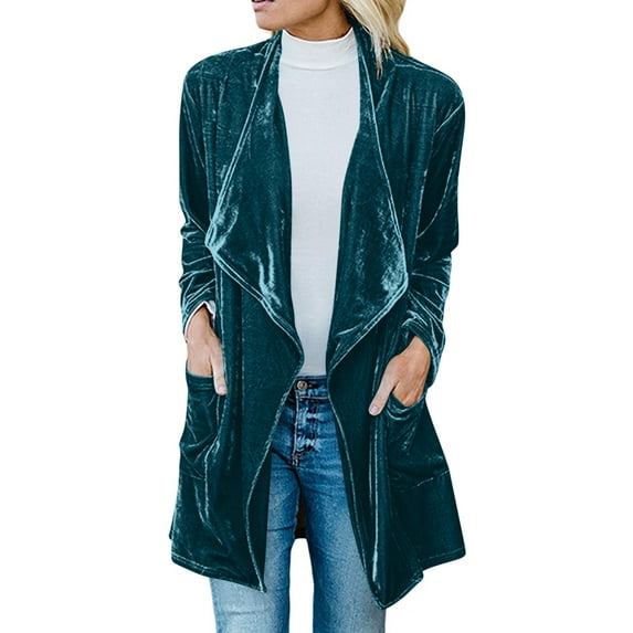 Luxalzxs Womens Solid Color Casual Long Sleeve Velvet Coat Jacket Open Front Mid-Length Cardigan Coat with Pockets Outerwear
