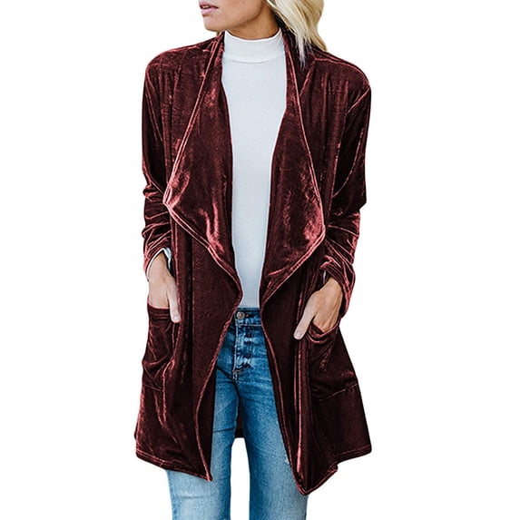 Luxalzxs Womens Solid Color Casual Long Sleeve Velvet Coat Jacket Open Front Mid-Length Cardigan Coat with Pockets Outerwear