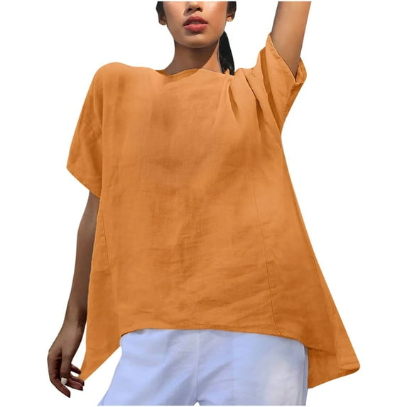 Luxalzxs Womens Solid Color Cotton Linen Shirt Summer Casual Plus Size Irregular Hem Short Sleeve Round Neck Loose Tops