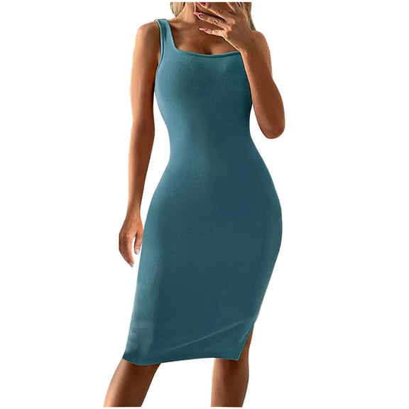 Luxalzxs Womens Solid Color Slim Square Neck Sleeveless Tank Dress Sexy Backless Split Hem Bodycon Wrap Hip Dress Party Dress
