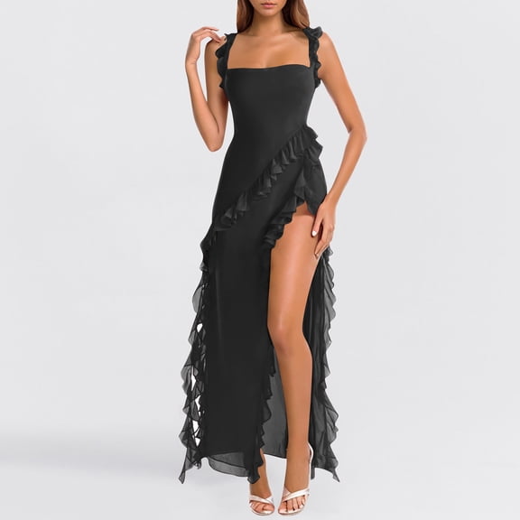 Luxalzxs Womens Spaghetti Strap High Slit Bodycon Maxi Dress Square Neck Backless Party Club Dresses Wedding Guest Dresses Prom Dress Summer Ruffle Trim Holiday Sundress Cocktail Evening Gowns