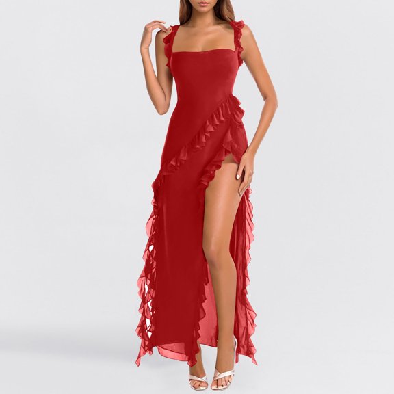 Luxalzxs Womens Spaghetti Strap High Slit Bodycon Maxi Dress Square Neck Backless Party Club Dresses Wedding Guest Dresses Prom Dress Summer Ruffle Trim Holiday Sundress Cocktail Evening Gowns