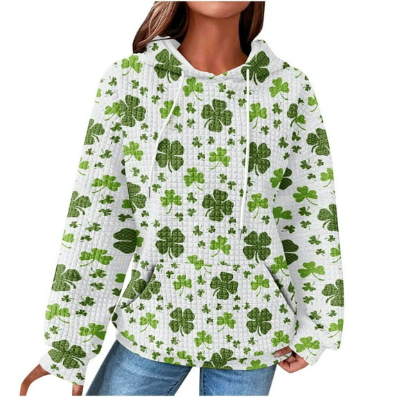 Luxalzxs Womens St. Patrick's Day Hooded Sweatshirts Waffle Long Sleeve Hoodies Fashion Clover Print Pullover Tops with Pocket