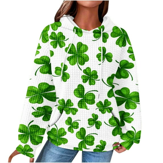 Luxalzxs Womens St. Patrick's Day Hooded Sweatshirts Waffle Long Sleeve Hoodies Fashion Clover Print Pullover Tops with Pocket