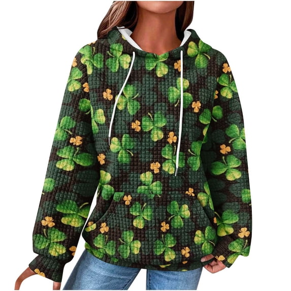 Luxalzxs Womens St. Patrick's Day Hooded Sweatshirts Waffle Long Sleeve Hoodies Fashion Clover Print Pullover Tops with Pocket