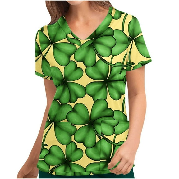 Luxalzxs Womens St. Patrick's Day Scrub Tops Green Clover Shamrock Short Sleeve V-Neck Nurse Working Uniform Funny Holiday Medical Scrubs Workwear