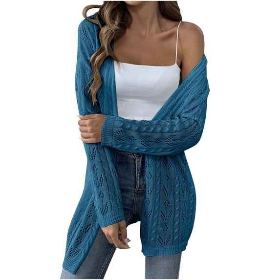 Luxalzxs Womens Sweaters Cardigan Casual Lightweight Long Sleeve Open Front Sweaters Solid Color Hollow Out Woven Sweater Cardigan