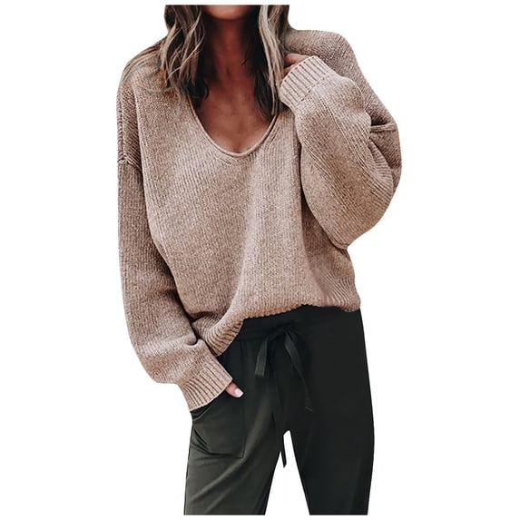 Luxalzxs Womens Sweaters Fall 2023 Fashion V-Neck Loose Pullover Solid Color Long Sleeves Sweater Tops