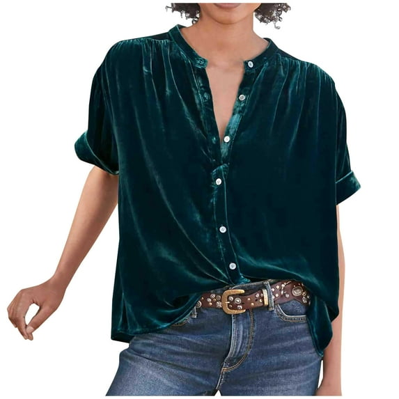 Luxalzxs Womens Temperament Texture Gold Velvet Short Sleeve Shirts Button Down Round Neck Solid Color Tops Summer Casual Trendy Loose Tee Shirts