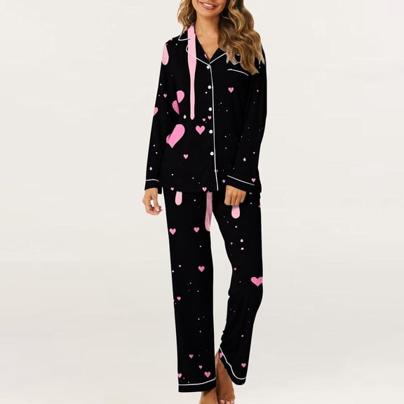 Luxalzxs Womens Valentine's Day Pajamas Sets 2 Piece Cute Heart Print Button Down Long Sleeve Shirts & Pants Pjs Set Loungewear Matching Set