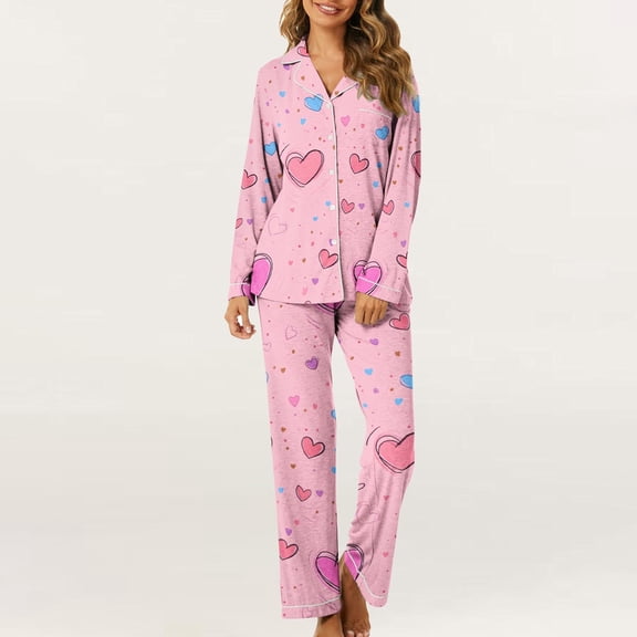 Luxalzxs Womens Valentine's Day Pajamas Sets 2 Piece Cute Heart Print Button Down Long Sleeve Shirts & Pants Pjs Set Loungewear Matching Set