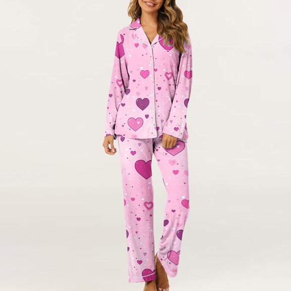 Luxalzxs Womens Valentine's Day Pajamas Sets 2 Piece Cute Heart Print Button Down Long Sleeve Shirts & Pants Pjs Set Loungewear Matching Set