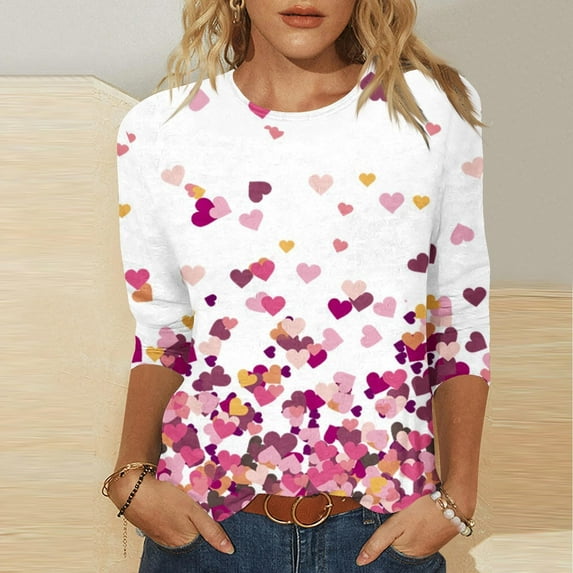 Luxalzxs Womens Valentines Shirts 3/4 Sleeve Heart Print Tops Round Neck Blouse Tee Shirts