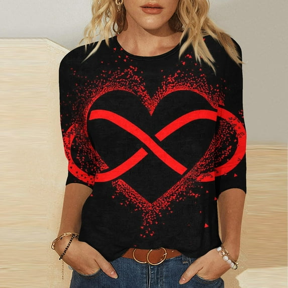 Luxalzxs Womens Valentines Shirts 3/4 Sleeve Heart Print Tops Round Neck Blouse Tee Shirts