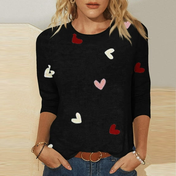 Luxalzxs Womens Valentines Shirts 3/4 Sleeve Heart Print Tops Round Neck Blouse Tee Shirts