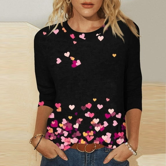 Luxalzxs Womens Valentines Shirts 3/4 Sleeve Heart Print Tops Round Neck Blouse Tee Shirts