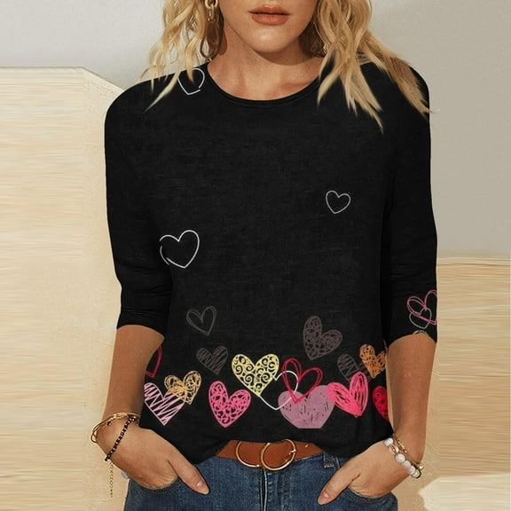 Luxalzxs Womens Valentines Shirts 3/4 Sleeve Heart Print Tops Round Neck Blouse Tee Shirts