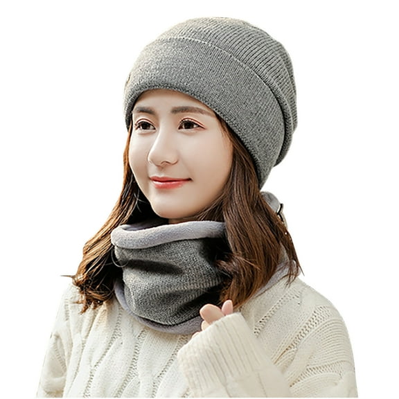 Luxalzxs Womens Winter Warm Elastic Soft Ear Protection Knitted Scarf Hat Set Fleece Lined Neck Warmer Beanie Hat Set