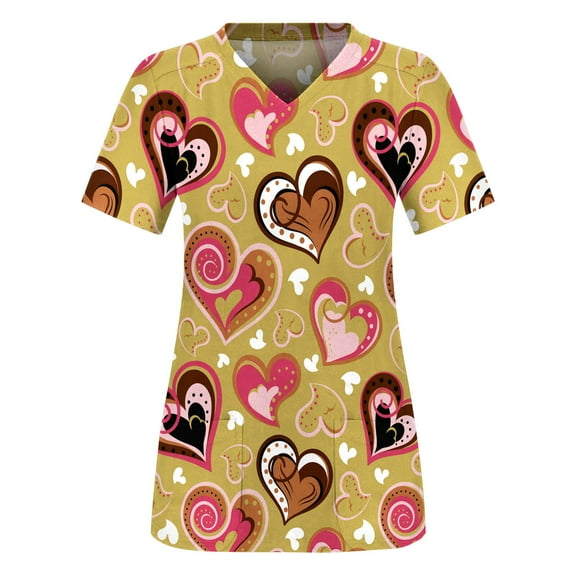 Luxalzxs Working Uniform for Womens Valentine's Day Short Sleeve V-Neck Heart Graphic Print Nurse Uniform Blouse Scrubs Tops with Pockets