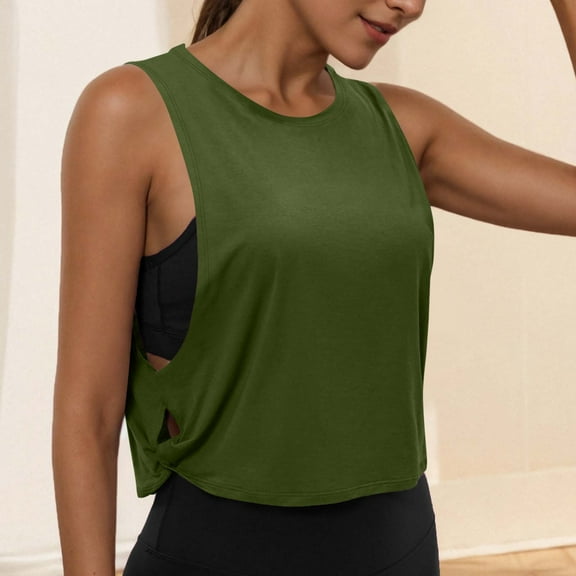 Luxalzxs Workout Tank Tops Woman Athletic Yoga Crop Tanks Sleeveless Cut Off Muscle Shirt Summer Loose Fit Crew Neck Gym Running Casual Tank Tops