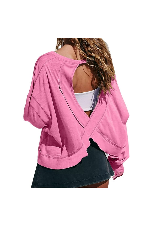 Luxalzxs Workout Tops for Women Open Back Oversized Sweatshirts Casual Backless Running Crop Tops T-Shirts Long Sleeve Athletic Pullover Shirt Y2K Outfits Gym Yoga Tee