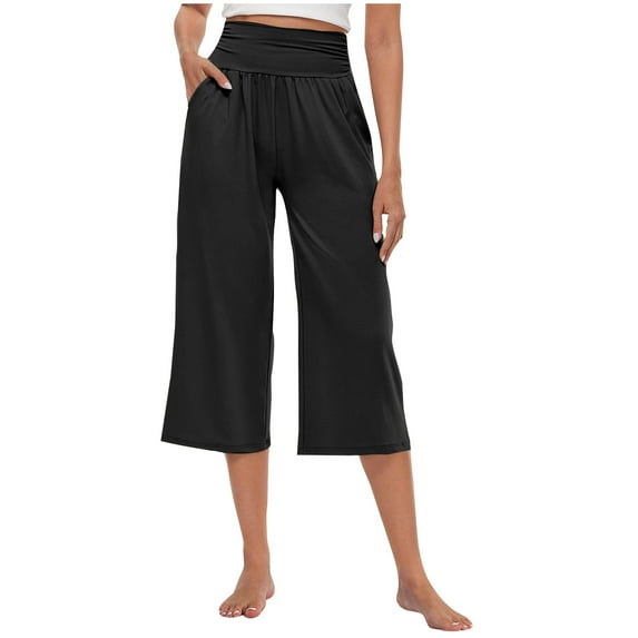 Luxalzxs Yoga Capris for Women Trendy Loose Comfy Solid Color Soft Elastic Waist Cropped Pants Summer Going Out Athletic Sweatpants Wide Leg Capris