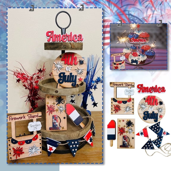 Luxcidy 10 Pcs Patriotic 4th of July Tiered Tray Decor, Independence Day Tray Set Decor Red White Blue USA Stars and Stripes Flag, Memorial Day Vintage Wood Sign Summer Home Table Mini Decor